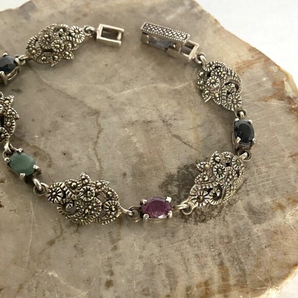 Sterling Silver 925 Multi Gemstone Marcasite Floral Link Bracelet 7.25" - Picture 12 of 16